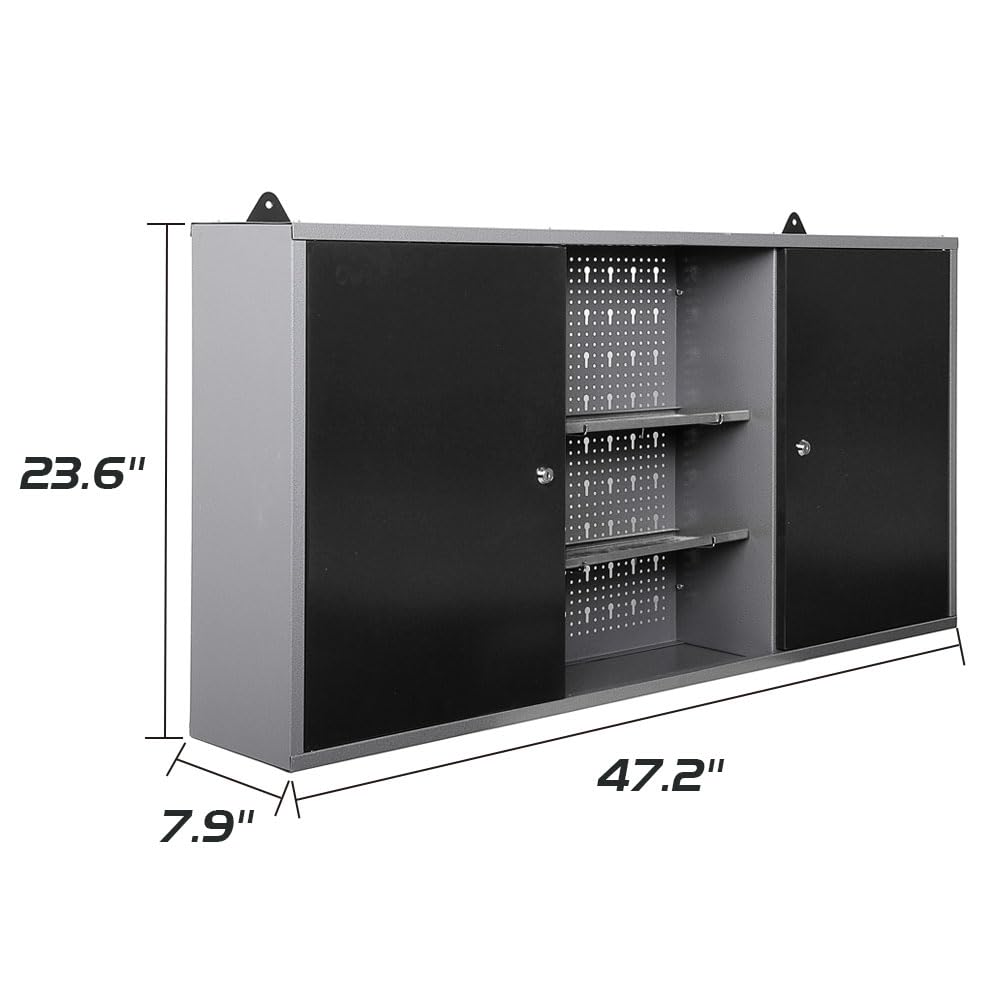 JZD Metal Wall Storage Cabinet with 2 Lockable Doors, for Home Office Garage Basement, Black & Grey, 47.2"x7.9"x23.6 JZD