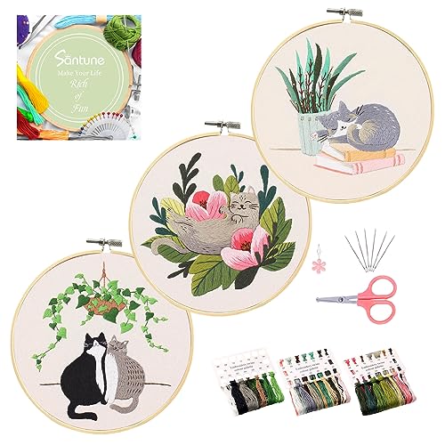 Santune 3 Pack Embroidery Kit for Beginners with Pattern, Cross Stitch Kits for Adults with Instructions,Needlepoint Kits for Adults Include 1 Embroidery Hoops,Color Threads and Needles(Cat)
