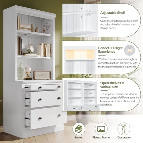 LUMISOL Modern White Pantry Sideboard Set with LED Lights and 6 Drawers LUMISOL