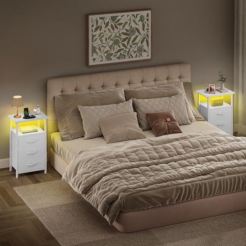Vagusicc Night stand Set 2 with Charging Station, LED Nightstand for Bedroom, White Bedside Table with 3 Fabric Drawer, End Table Side Table with USB Ports & Outlets, Bed Side Table for Bedroom, White Vagusicc