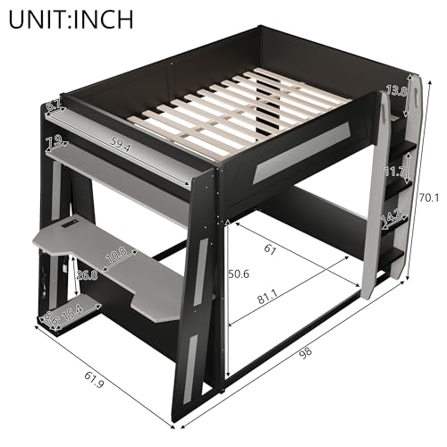 CKLMMC Queen Size Wooden Gaming Bunk Bed with Desk, Two Storage Shelves, USB and LED Light, Sturdy Loft Bed for Gamers & Small Spaces (Black+Grey1) CKLMMC