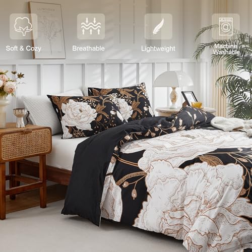 mixinni Black Floral Duvet Cover Twin XL Size, 3 Pieces Garden Style Botanical Flowers Leaves Bedding Set, Soft Cotton Reversible Farmhouse Boho Duvet Cover and 2 Pillowcases for All Season mixinni