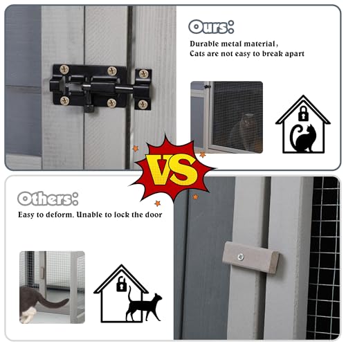 COZIWOW Large Wood Cat Catio, Outdoor Enclosure with Weatherproof Roof, 2 Resting Rooms, 2 Platforms, 4-Tier Cat Playpen (Grey with Pattern) COZIWOW