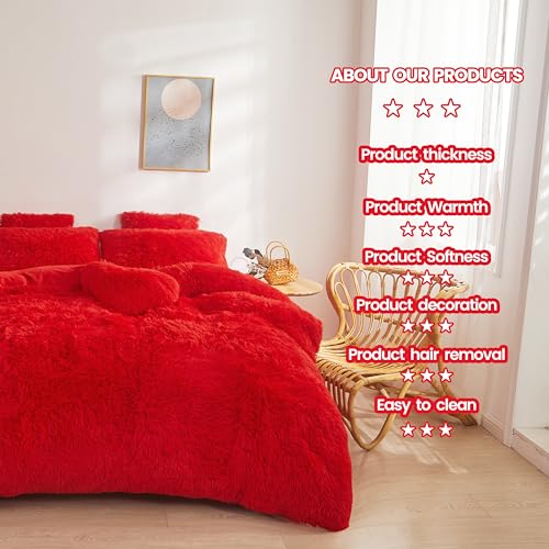 FOPPA Christmas Comforter Cover Queen - Ultra Soft Plush Bedding Set 3 Pieces (1 Faux Fur Duvet Cover + 2 Faux Fur Pillow Cases) Red Bed Set FOPPA