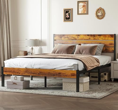 Sweetcrispy Full Size Bed Frame with Headboard, 800LBS Mattress Foundation with All Sturdy Metal Support, Under Bed Storage, No Box Spring Needed, Easy Assembly, Rust Brown Sweetcrispy