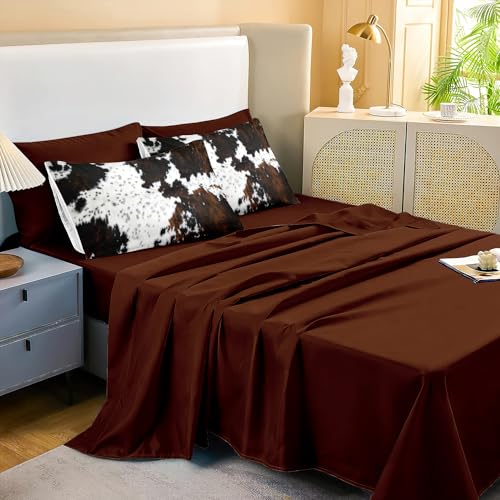 MUGINYU Brown Cowhide Comforter Set Queen, 8 Pieces Bed in a Bag Black White Cow Skin Print Western Farmhouse Animal Fur Bedding Set MUGINYU