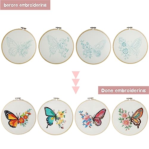 Bonroy 4 Sets Embroidery Kit for Beginners,Embroidery Art Craft Handy Sewing Include Clothes with Pattern,Embroidery Hoops, Instructions,Color Threads Needle (Butterfly) (CX-55)