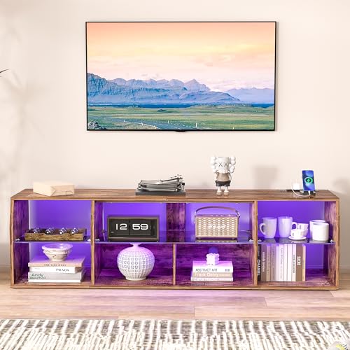 VECELO LED TV Stand with Lights & Power Outlet for 65 inch Gaming Entertainment Center with 7 Open Storage Shelves, Industrial Television Cabinet for Living Room, Bedroom, Retro Brown, 65inch VECELO