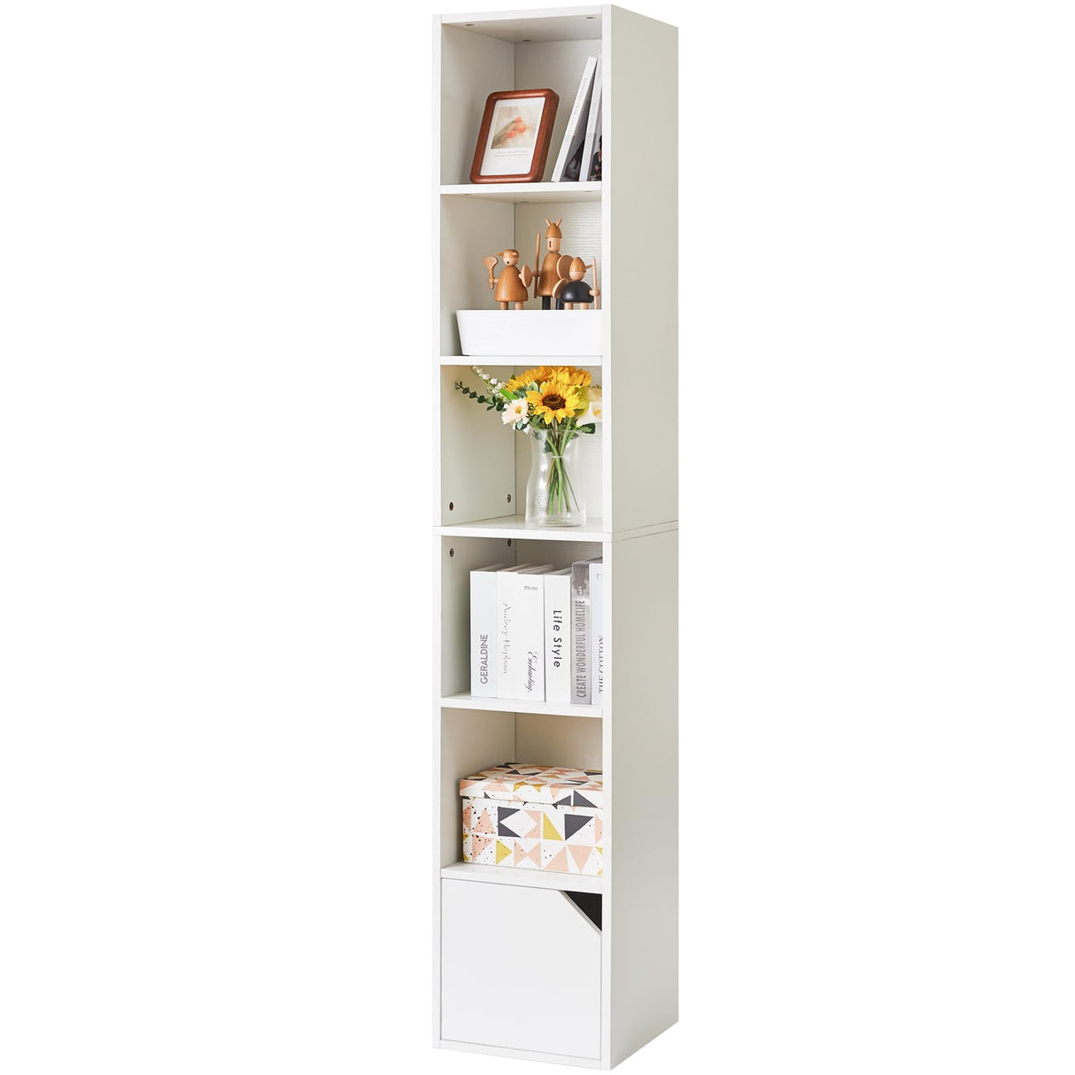 IBUYKE 6 Tier Narrow Bookcase with Doors, Cube CD DVD Storage Cabinet,Slim Media Tower Rack,Cabinet,White Bookcase Display Storage Shelves for Small Spaces,for Home Office White UWBC001W IBUYKE
