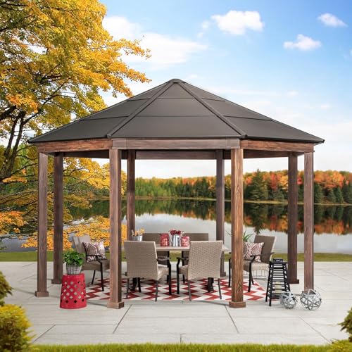 Sunjoy 15 x 15 ft. Octagon Hardtop Gazebo Black Aluminum Roof Gazebo with Metal Ceiling Hook Sunjoy
