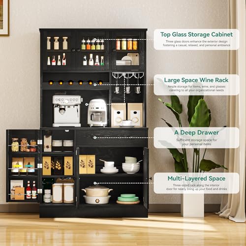 YITAHOME 71''H Kitchen Pantry Cabinet with Drawer, Doors, Goblet Holder, Wine Rack for Storage, Tall Cabinet with Power Outlet for Kitchen & Living Room (Black Oak) YITAHOME