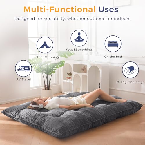 MAXYOYO Japanese Floor Mattress Full Size, 6" Foldable Futon Mattress Tufted Roll Up Floor Bed, Thick Polyester Tatami Mat Sleeping Pad for Camping Guest Room Dormitory Bedroom RV, Dark Grey MAXYOYO