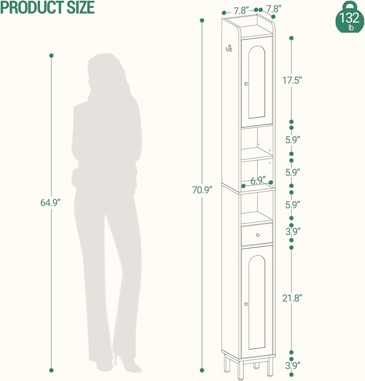 Hzuaneri Bathroom Cabinet with Adjustable Shelves, Freestanding Floor Cabinet, Tall Black Bathroom Storage Cabinet, Narrow Toilet Paper Storage, 7.9"D x 7.9"W x 70.9"H Hzuaneri