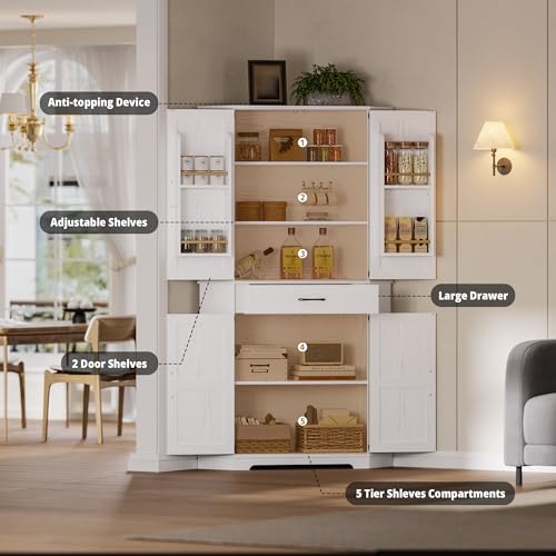 IRONCK 72" Corner Cabinet, Kitchen Pantry Storage Cabinet with Drawer, Spacious Farmhouse Pantry with 3 Adjustable Shelves, 2 Doors Storage, for Kitchen, White IRONCK