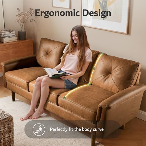 ovios Luxury 3 Seater Sofa with Faux Leather,Mid-Century Modern Couch with Comfortable Armrest,Comfy Couches with Deep Seat,Small Sofas for Living Room Bedroom (Light Brown) ovios