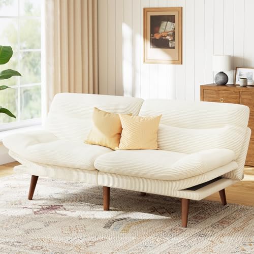 Marsail Futon Sofa Bed, Corduroy Futon Couch with Adjustable Backrest & Armrests, Convertible Small Sleeper Sofa Bed for Small Apartments, Study Room, Office, White Marsail
