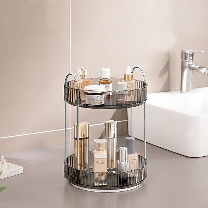 HBlife 360° Rotating Makeup Organizer, 2 Tier Spinning Perfume Skincare Organizer Large Capacity Cosmetic Storage for Bathroom, Vanity, Countertop, Grey HBlife