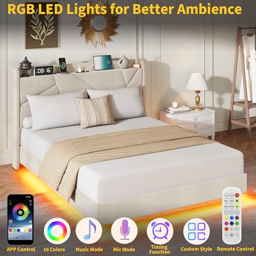 GarveeHome Full Floating Bed Frame with LED Lights & Charging Station, Upholstered Platform Beds with Storage Headboard & Folding Shelves Storage, Metal Slats Support, No Box Spring Needed, Beige GarveeHome