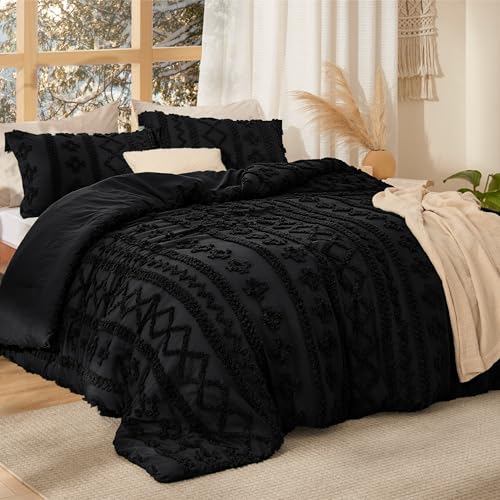 Bedsure Tufted Boho Comforter Set Queen Size - Black Boho Bed Set, GentleSoft™ 3 Pieces Farmhouse Shabby Chic Embroidery Bedding, Gifts for Woman, Soft Jacquard Queen Comforter for All Seasons Bedsure