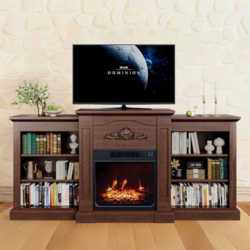 67" Fireplace TV Stand with Mantel, 18" Electric Fireplace Insert & Cabinets, Entertainment Center for Living Room or Bedroom, Fits TVs Up to 67", Remote Control, Brown PeakPursuit