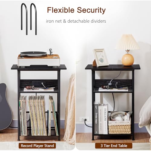 AMHANCIBLE Record Player Stand with Charging Station, Large Turntable Stand with Storage Cabinet, 3 Tier End Table Hold Up to 100 Albums, Record Stand for Vinyl, Living Room, Black, HETCD012BK-1 AMHANCIBLE