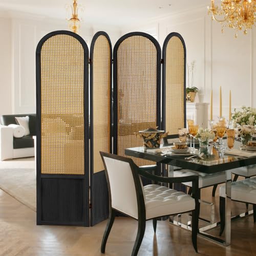 ALeesing 4 Panel Room Dividers and Folding Privacy Screens, Hand-Made Rattan Room Divider with Bi-Directional Hinge, Pre-Assembled Wood Room Divider Wall for Home Office Bedroom, Black ALeesing