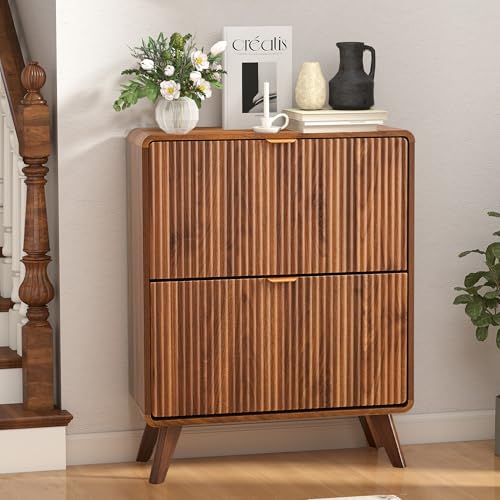 RARZOE Fluted Shoe Storage Cabinet with 2 Flip Drawers, Narrow Curved Shoe Cabinet for Entryway, Freestanding Wood Hidden Shoe Organizer Closed Shoe Rack Cabinet for Foyer, Hallway (27.5''Walnut) RARZOE