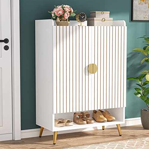 Tribesigns Shoe Cabinet with Doors, 6-Tier Shoe Storage Cabinet with Adjustable Shelves, Wooden Shoes Rack Shoe Storage Organizer for Entryway, Hallway, Closet, Living Room, White & Gold Tribesigns