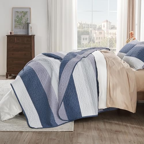 Andency Queen Quilt Bedding Set Mineral Blue, 3 Pieces Patchwork Summer Striped Ultra Soft Lightweight Bedspreads, Coverlets Set with 2 Pillow Shams for All Seasons (90"x96") Andency