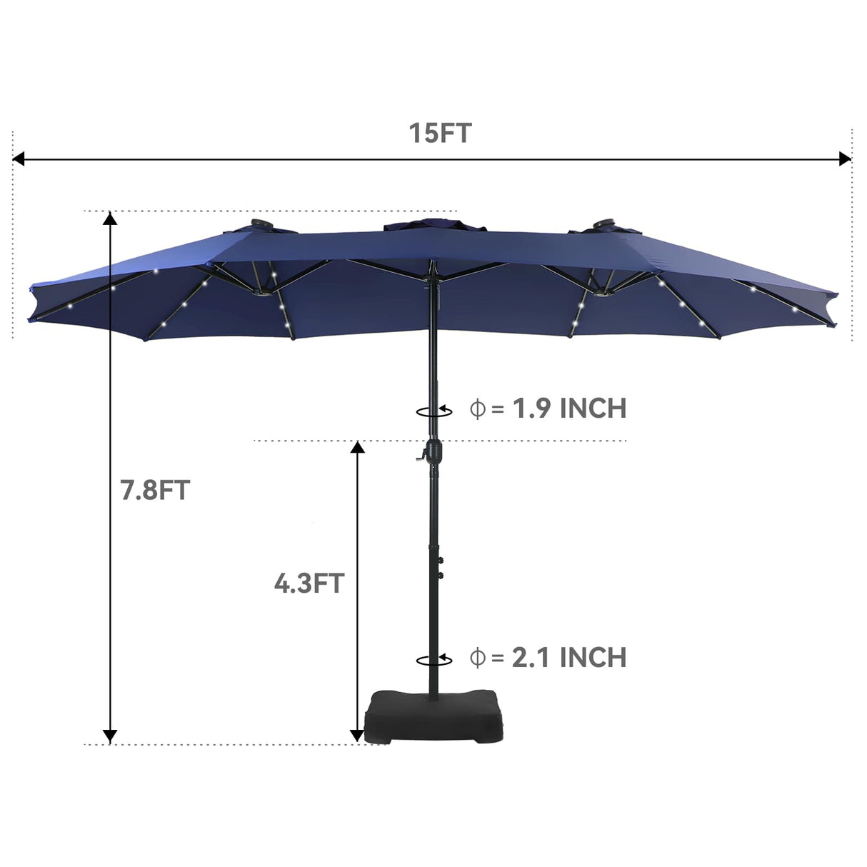 GREEN PARTY 15 ft Rectangle Patio Umbrella with Solar Lights and Base Included, Double-Sided Market Table Umbrella with Crank, Large Outdoor Umbrellas for Patio Poolside Garden Backyard, Navy Blue GREEN PARTY