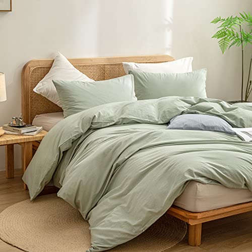 BESTOUCH Duvet Cover Set 100% Washed Cotton Linen Feel Super Soft Comfortable Chic Lightweight 2 PCs Home Bedding Set Solid Sage Green Twin/Twin XL BESTOUCH