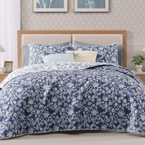 BLOOMHAVEN Quilt Set Queen Size, Oxford Blue Floral Quilt Sets, Reversible Bedspread Lightweight and Breathable for All Seasons, Soft Quilted Bedspread with 2 Pillow Shams BLOOMHAVEN