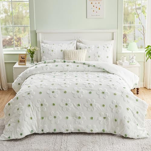 VIVILINEN Full Size Comforter Sets for Girls Floral Bedding Cute Comforter with Tufted Daisies Flowers, Lightweight Full Bed Set 3 Pieces for Kids Teen Girls Women, Green VIVILINEN