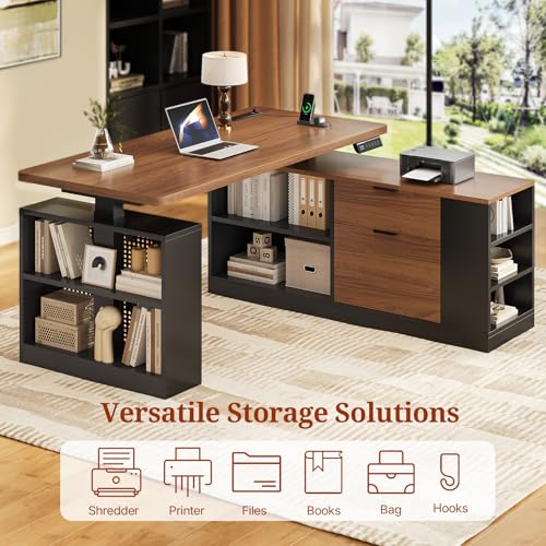 UPOSOJA L Shaped Standing Desk Adjustable Height, 53" Electric Office Desk with File Drawers & Storage Shelves, Sit Stand Corner Computer Desk with Power Outlets, Pegboard, 6 Hooks, Black & Walnut UPOSOJA