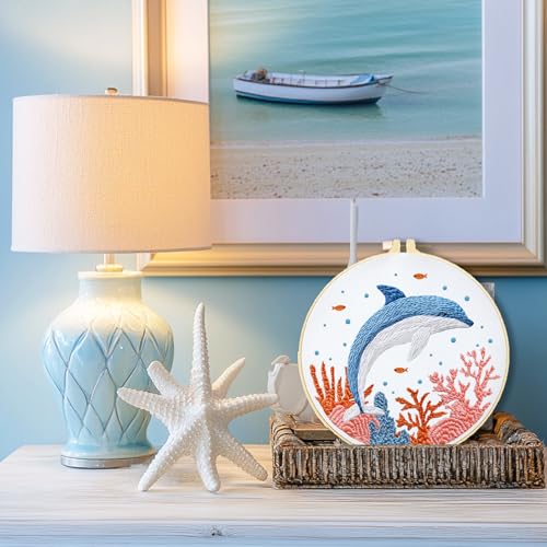 INFUNLY 4 Sets Whale Embroidery Kits for Beginners DIY Cross Stitch Starter Kits with Turtles Seahorses Patterns Fish Sea Animals Embroidery Kits with Instructions Embroidery Cloth Hoops Threads Tools