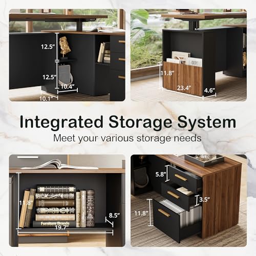 ModernMate 63" Standing Desk with File Cabinet, Privacy Panel, AC/USB, 1.18" Desktop, Executive L Shaped Height Adjustable Electric Stand Up Desk, Home Office Table with 3 Drawers, Black Walnut ModernMate