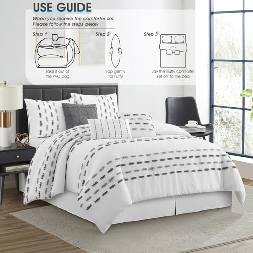 LANCO MODERN LIFESTYLE White Grey 7 Piece Comforter Set, King, Clip Waffle Texture Stripe Design, Soft Polyester Bedding for All Seasons, Includes Bedskirt, Shams and Decorative Pillows LANCO MODERN LIFESTYLE