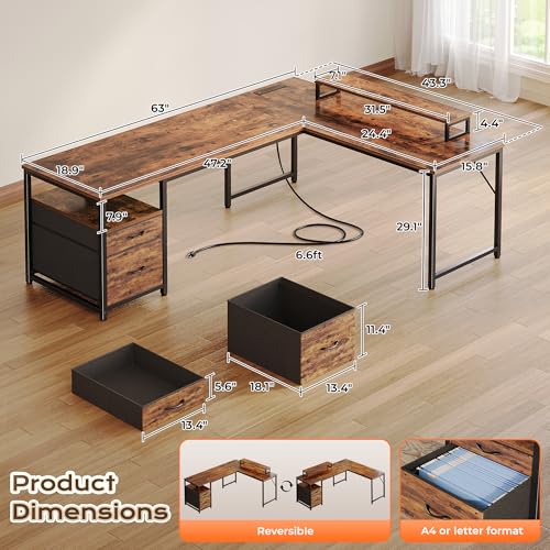PRAISUN 63 Inch L Shaped Desk with Power Outlets and USB-C Port, Computer Corner Home Office Desk with File Fabric Drawers and Movable Monitor Stand, Larger Storage, Gaming, Writing, Rustic Brown PRAISUN
