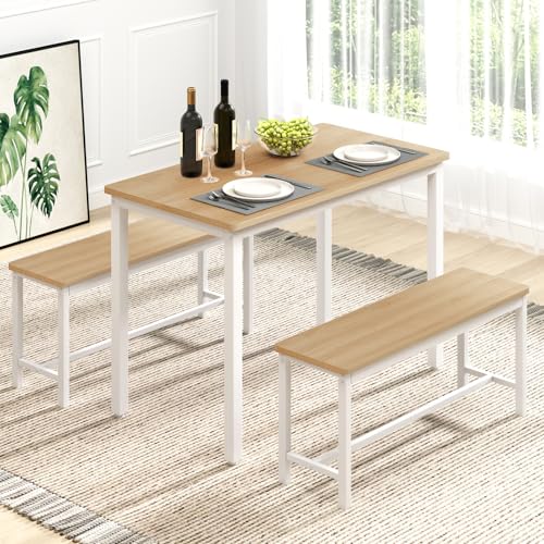Rovibek 43" Dining Table Benches Set for 4, Modern Space Saving Kitchen Table Chairs & Adjustable Feet Breakfast Table 2 Benches, Wooden Industrial Style Farmhouse, White Rovibek