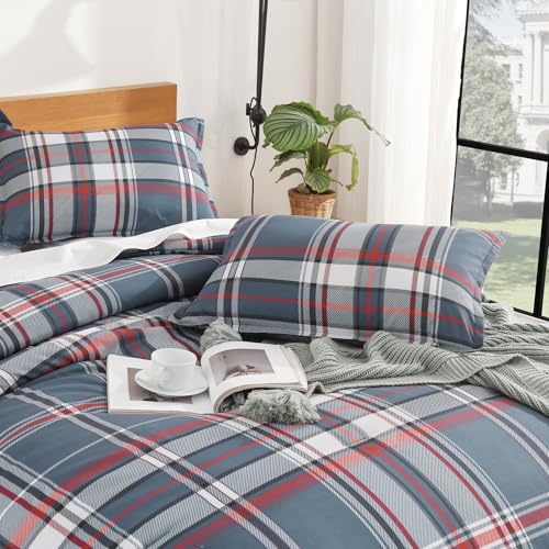 Andency Navy Red Plaid Comforter Set Queen(90x90Inch), 3 Pieces Grid Gingham Stripes Bedding Comforter Sets for Boys Girls Kids Teens, Preppy Geometric Line Soft Lightweight Reversible Bed Set as Gift Andency