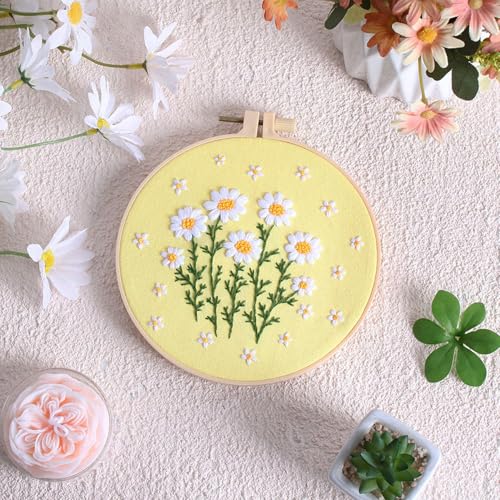 Louise Maelys Daisy Flower Beginners Embroidery Kits,Cross Stitch Kit for Adults,DIY Needlepoint with Floral Pattern,Including Hoop,Threads and Instruction
