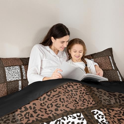 Leopard Print Comforter Set,Wildlife Animal Fur Skin Bedding Set Modern Bedroom Decor,African Cheetah Wildlife Patchwork Texture Comforter with 1 Pillowcase for All Seasons,Twin,Brown White Black Castle Fairy