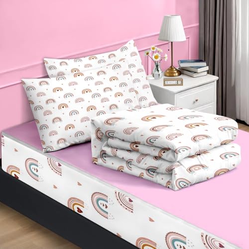 Nesker Zipper Bedding Full Rainbow Heart Zip Up Bedding Set for Girls and Kids, Pink Boho 3 Pcs Comforter Bed in a Bag with Fitted Sheet and 2 Pcs Pillowcases Nesker