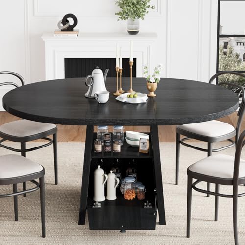 COSYSHINY 43.3"-59" Extendable Round Dining Table with Detachable Extension Plate for 4-8 People; Oval Kitchen Dining Table Equipped with Shelf and Storage Box for Kitchen Living Room (Black) COSYSHINY
