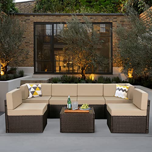 U-MAX 7 Piece Outdoor Patio Furniture Set, PE Rattan Wicker Sofa Set, Outdoor Sectional Furniture Chair Set with Cushions and Tea Table, Brown U-MAX