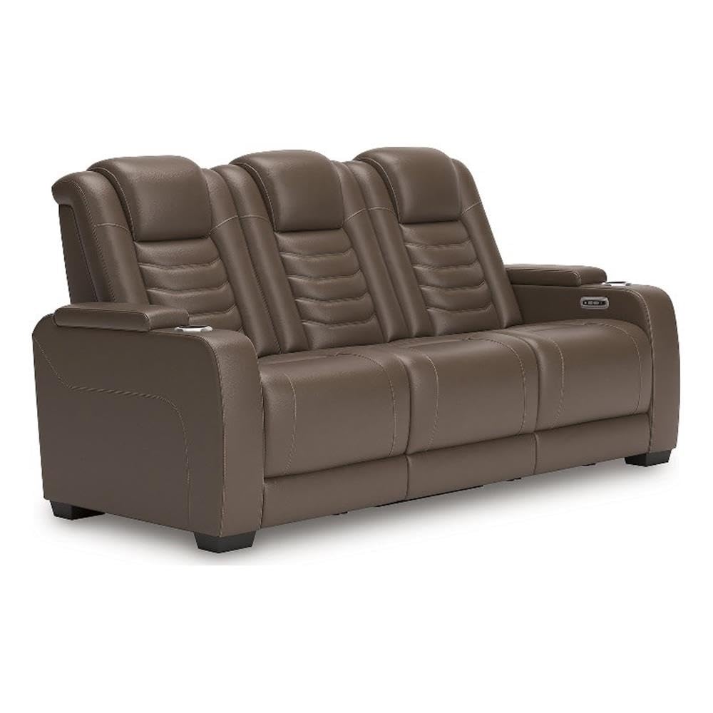 Signature Design by Ashley High Impact Contemporary Leather Match Power Reclining Sofa with Drop-Down Table, Adjustable Headrest, Wireless and USB Ports, Dark Brown Signature Design by Ashley