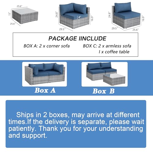 Shintenchi 5 Pieces Outdoor Patio Sectional Sofa Couch, Silver Gray PE Wicker Furniture Conversation Sets with Washable Cushions & Glass Coffee Table for Garden, Poolside, Backyard (Aegean Blue) Shintenchi