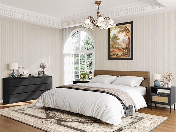 Modern 6 Drawer Dresser for Bedroom, 59'' Black Dresser, Wood Dresser with Handless Design, Thickened Back Panel, Stable & Sturdy Base, Double Drawer Long Dresser, Wide Chest of Drawers for Bedroom Angel Sar