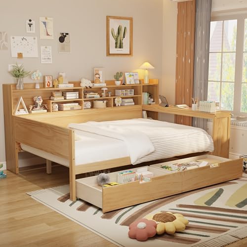 Bellemave Full Corner Bed Frame with Storage Shelves and Desk, Wood Full Size Daybed with Bookcase and Drawers, Natural Bellemave