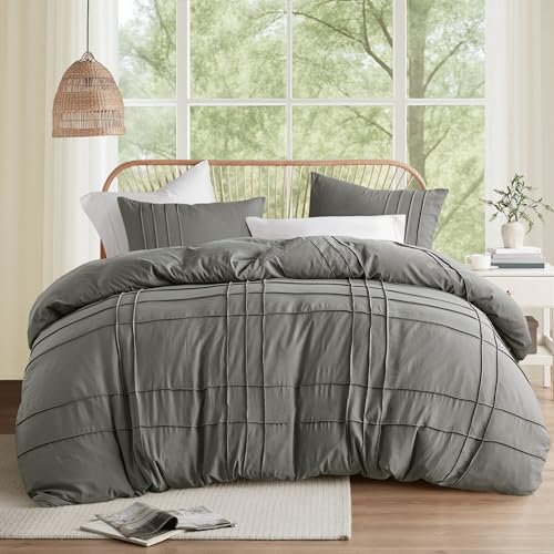 Comfort Spaces Grey Twin Size Duvet Cover Set - 2 Pieces Pintuck Pleated Duvet Cover All Season Lightweight, Extra Softness Pre-Washed Microfiber Twin Bedding Cover Shams, Twin/Twin XL Comfort Spaces
